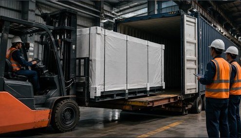 Forklift loading an Aurevia consignment into a container