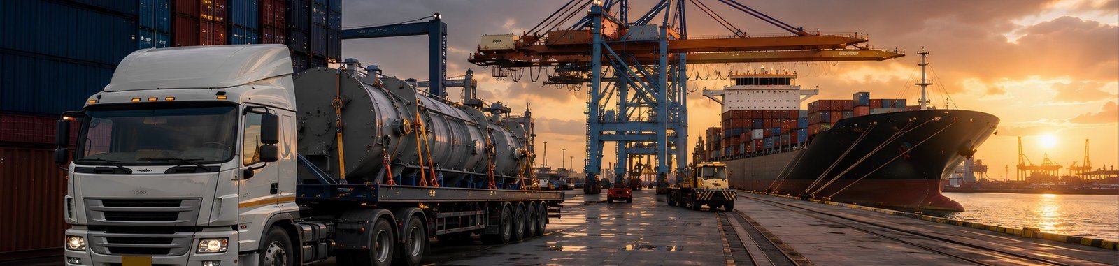 Heavy freight loading at port for Aurevia export shipment
